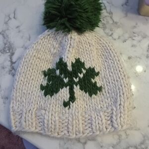 Cream Baby Knit Beanie with Green Shamrock